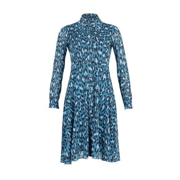 Diane Von Furstenberg Leopard Print Button Down Dress in Teal Viscose,All Products : American Fashion Style Bags On Sale